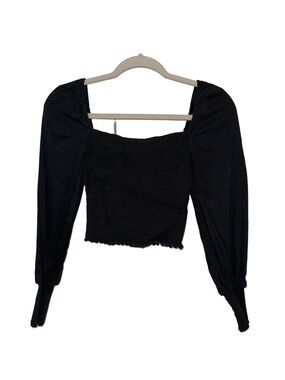 Gianni Bini Black Smocked Puff-Sleeve Crop Top